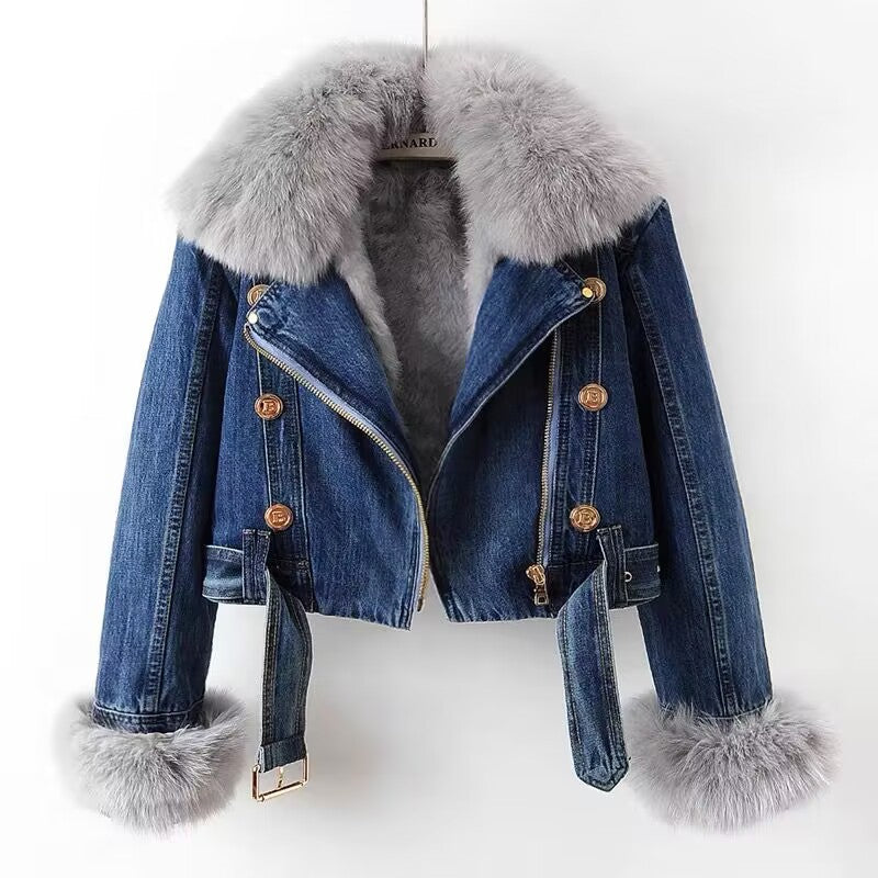 Zinia Women’s Denim Fur Jacket – Soft Rabbit-Blend Lining with Fur Collar & Cuffs