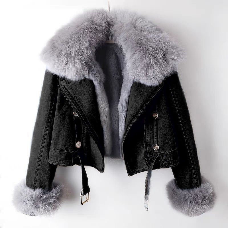 Zinia Women’s Denim Fur Jacket – Soft Rabbit-Blend Lining with Fur Collar & Cuffs