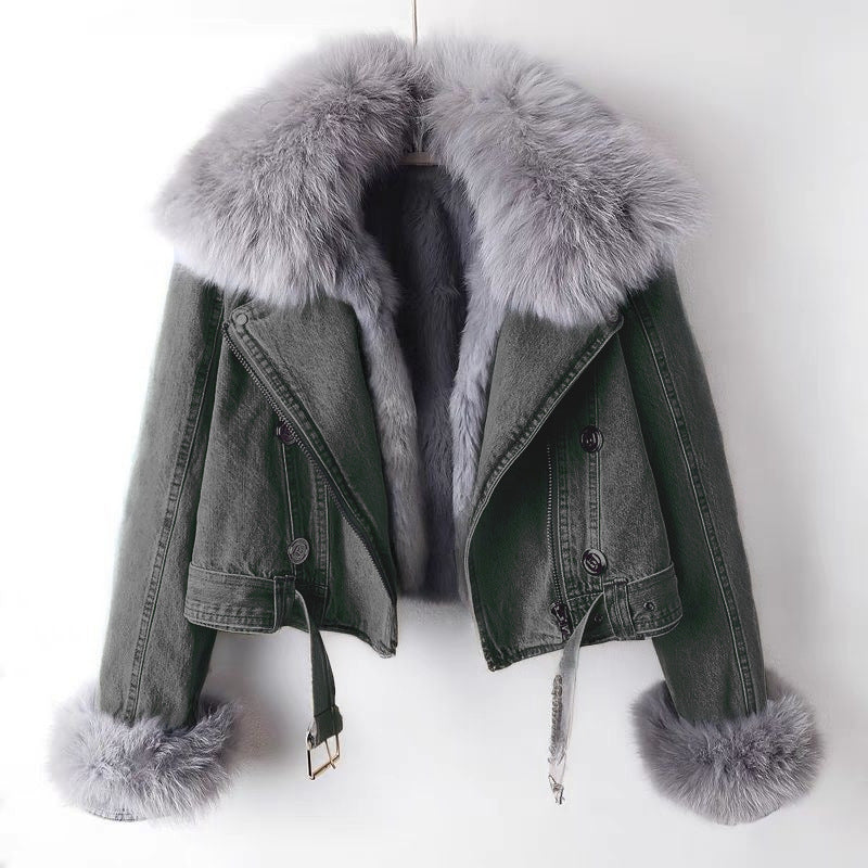 Zinia Women’s Denim Fur Jacket – Soft Rabbit-Blend Lining with Fur Collar & Cuffs