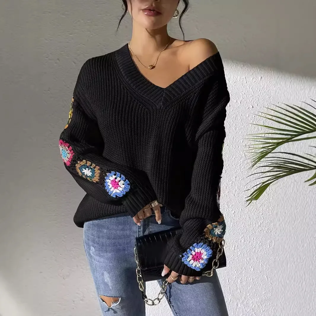 Adella Women’s Cotton Knit Sweater – Crochet Patchwork Pullover with Relaxed Fit