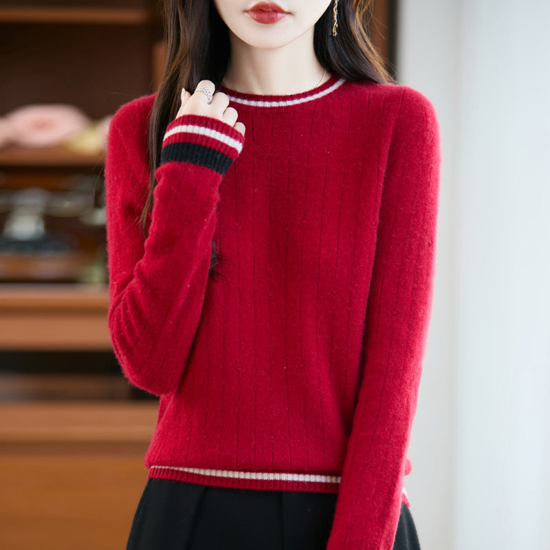 Shamcey Women's Knit Sweater – Fitted Crew Neck with Preppy Stripe Detail
