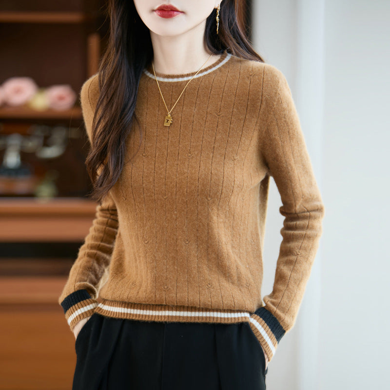 Shamcey Women's Knit Sweater – Fitted Crew Neck with Preppy Stripe Detail