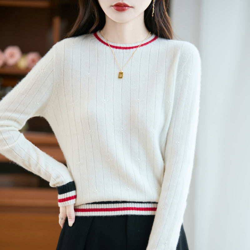 Shamcey Women's Knit Sweater – Fitted Crew Neck with Preppy Stripe Detail