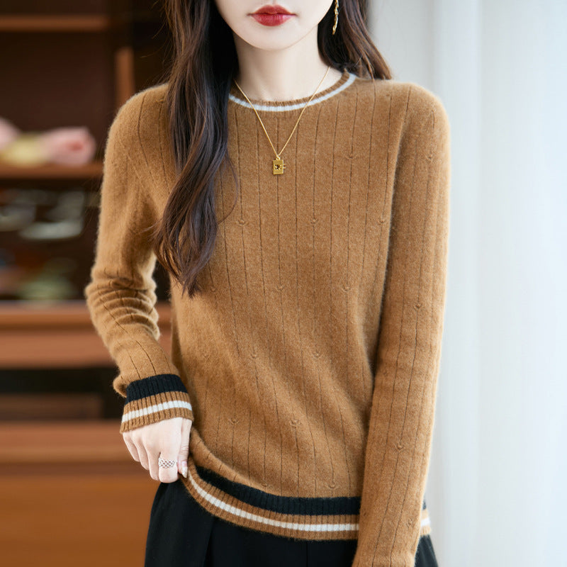Shamcey Women's Knit Sweater – Fitted Crew Neck with Preppy Stripe Detail