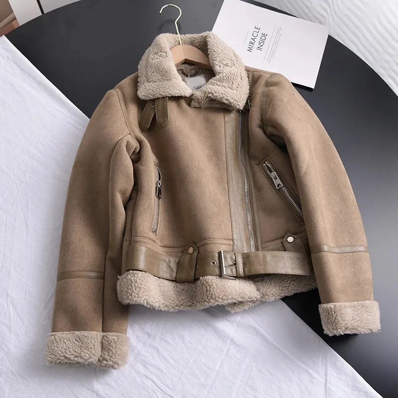 Corene Women’s Suede Jacket – Belted Waist Aviator Shearling Jacket