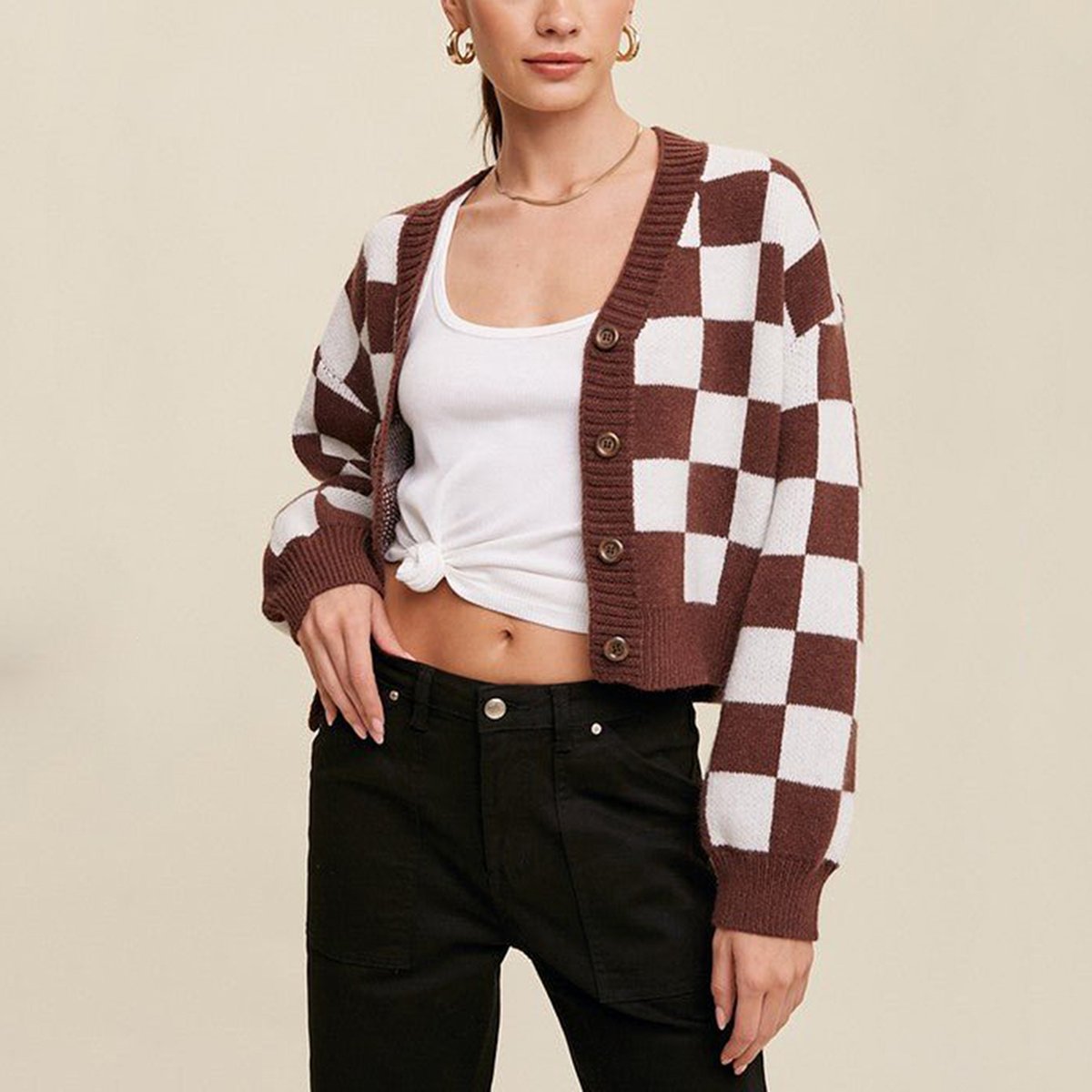 Amy Women’s Cropped Cardigan – Cotton Knit with Checkered Pattern & Button-Up Fit