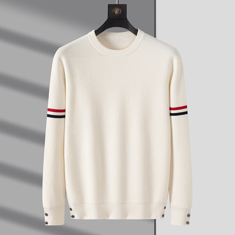 Varden Men’s Cotton Knit Sweater – Ribbed Crewneck with Striped Sleeve Detail