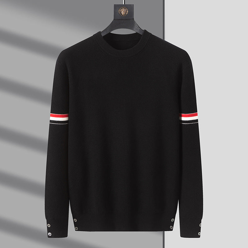 Varden Men’s Cotton Knit Sweater – Ribbed Crewneck with Striped Sleeve Detail
