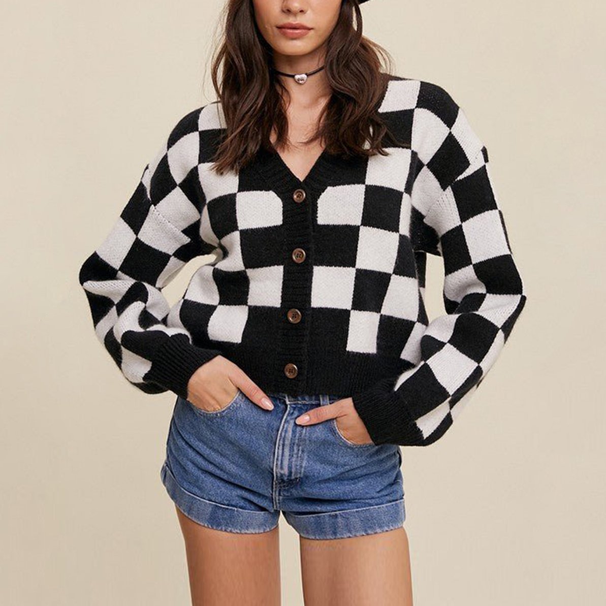 Amy Women’s Cropped Cardigan – Cotton Knit with Checkered Pattern & Button-Up Fit