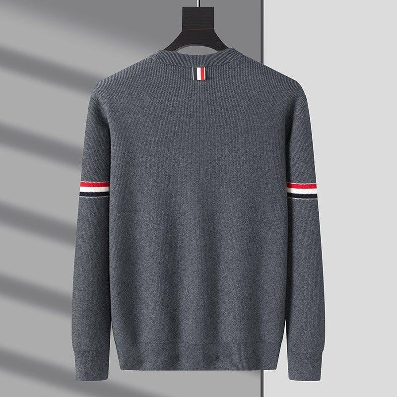 Varden Men’s Cotton Knit Sweater – Ribbed Crewneck with Striped Sleeve Detail