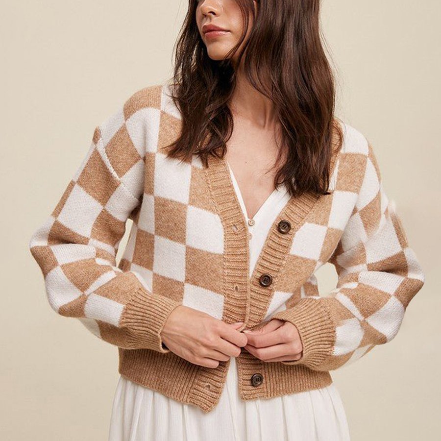 Amy Women’s Cropped Cardigan – Cotton Knit with Checkered Pattern & Button-Up Fit
