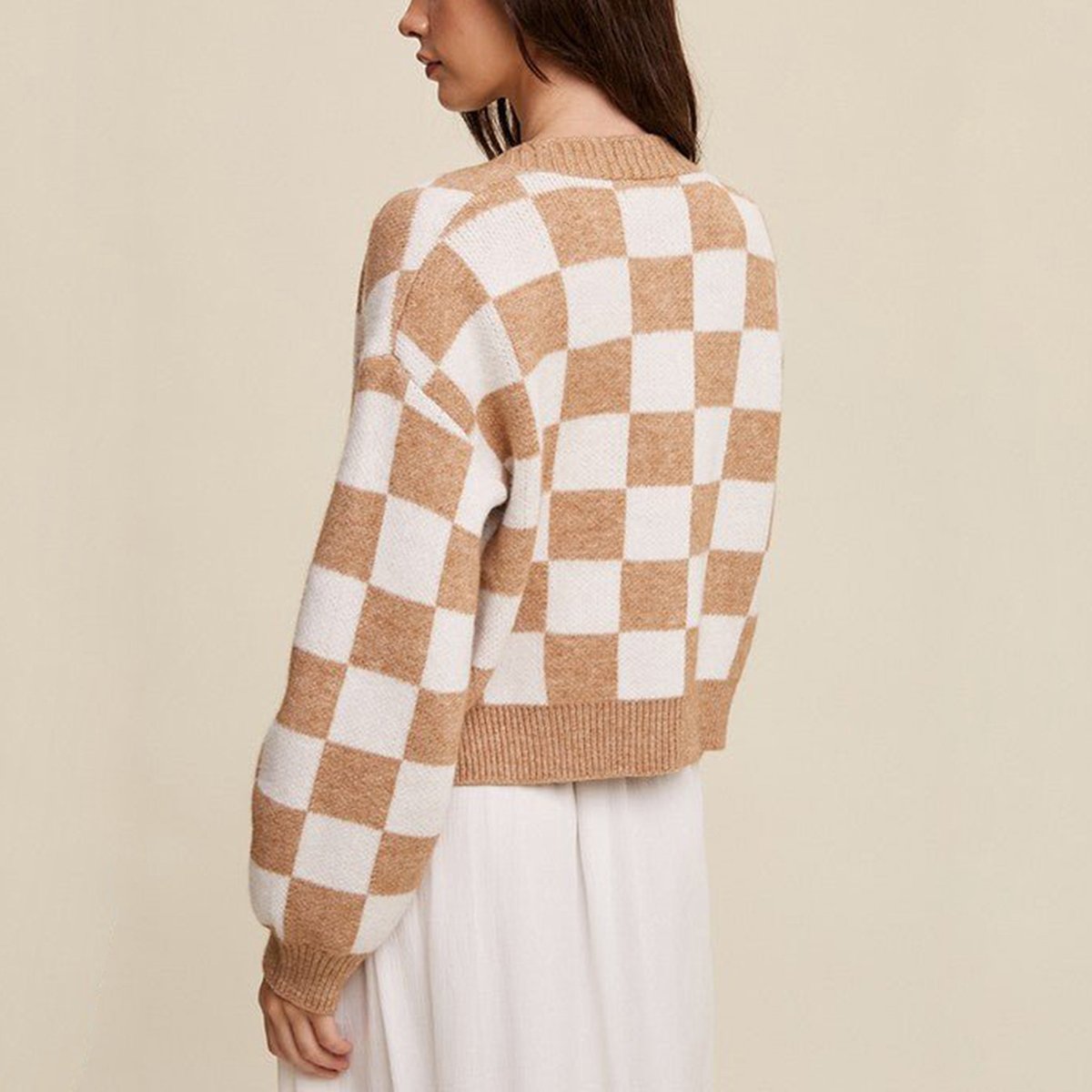 Amy Women’s Cropped Cardigan – Cotton Knit with Checkered Pattern & Button-Up Fit