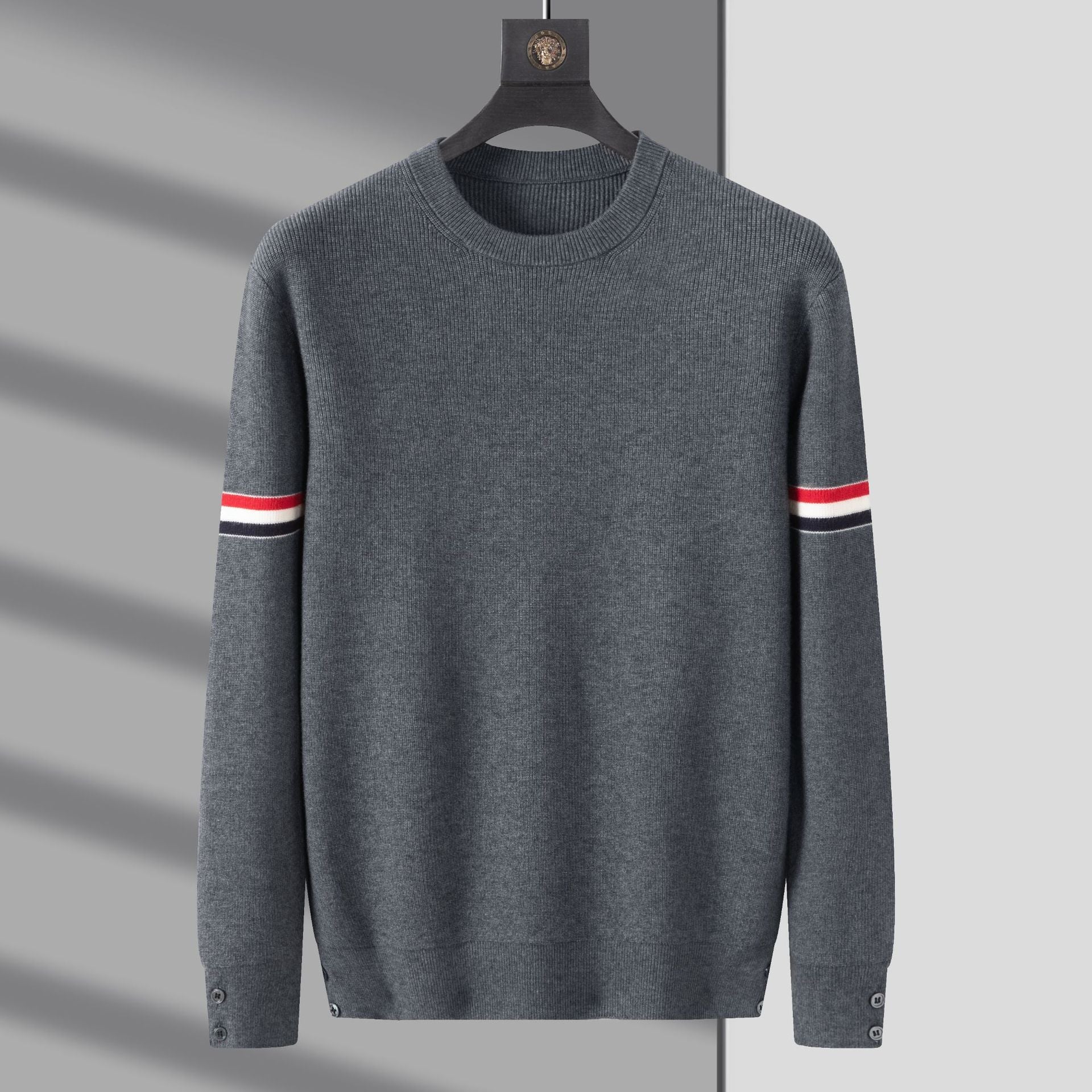 Varden Men’s Cotton Knit Sweater – Ribbed Crewneck with Striped Sleeve Detail