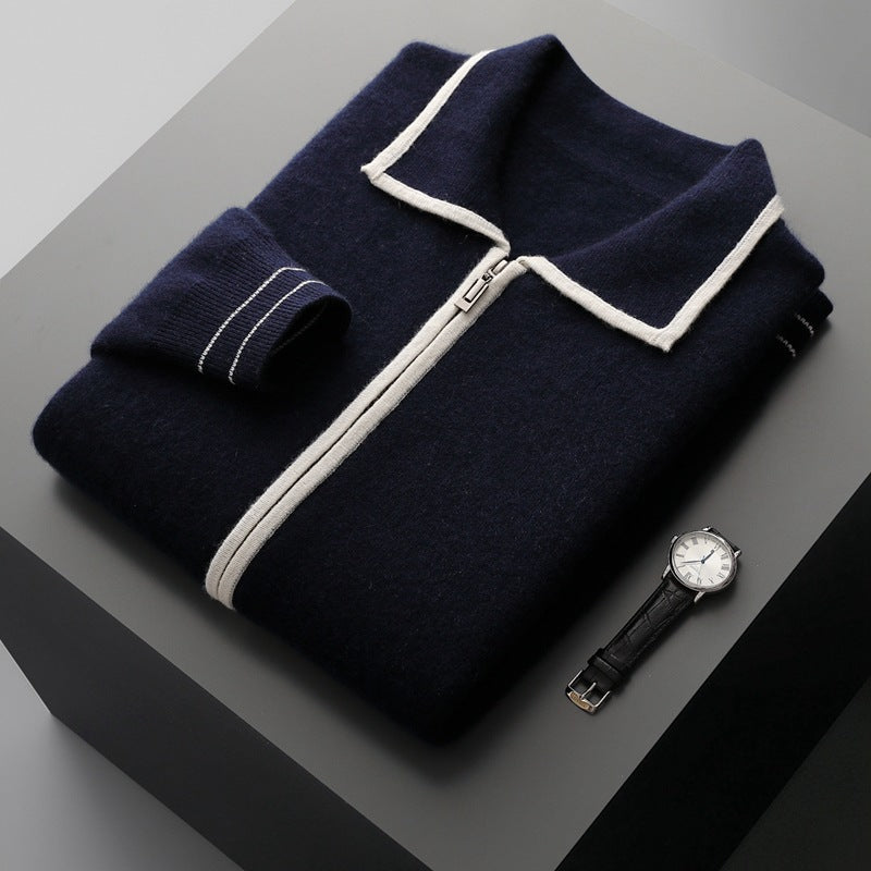 Elric Men’s Wool Sweater – Merino Zip Pullover with Contrast Piping