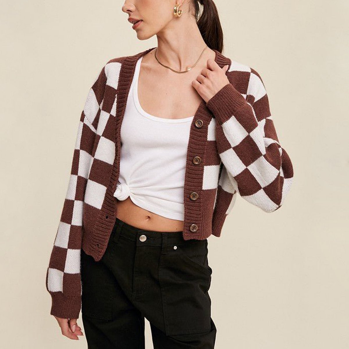 Amy Women’s Cropped Cardigan – Cotton Knit with Checkered Pattern & Button-Up Fit
