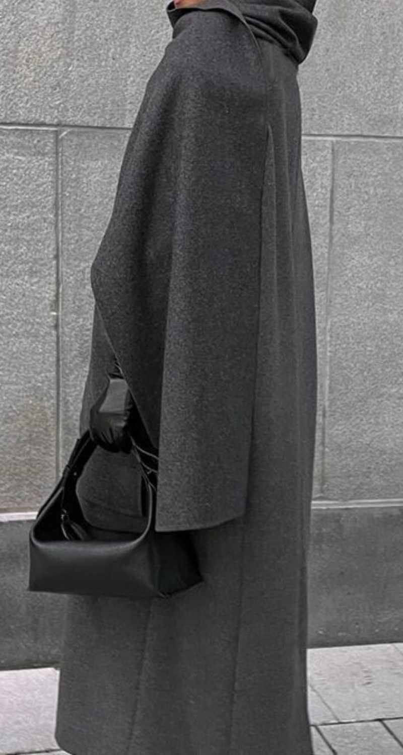 Meadow Women’s Wool Coat – Double-Breasted Longline with Scarf Cape Detail