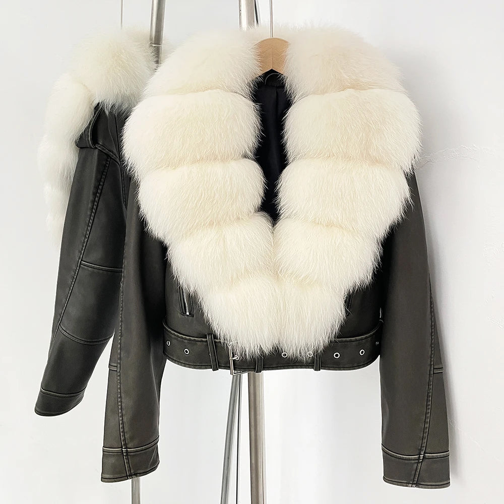 Giorgia Women’s Aviator Jacket – Faux Leather with Real Fur Collar