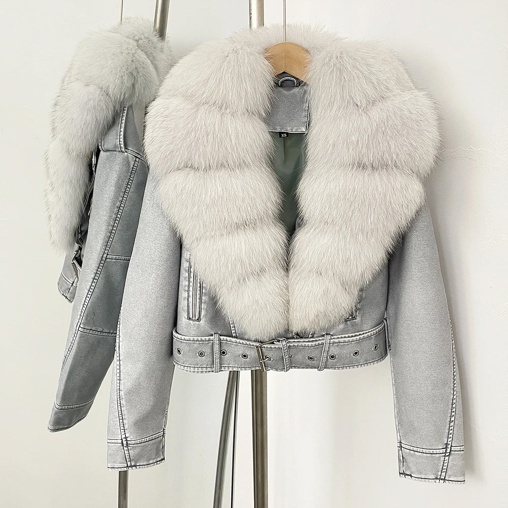 Giorgia Women’s Aviator Jacket – Faux Leather with Real Fur Collar