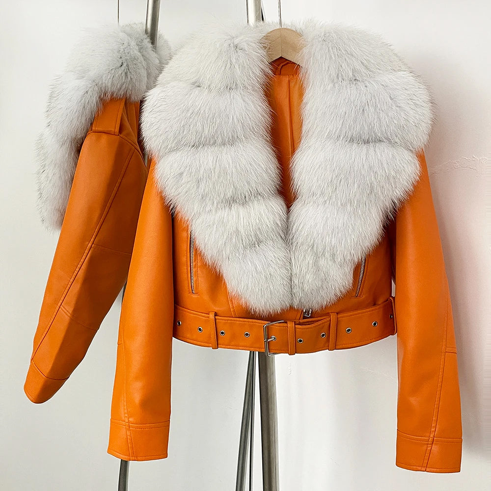 Giorgia Women’s Aviator Jacket – Faux Leather with Real Fur Collar