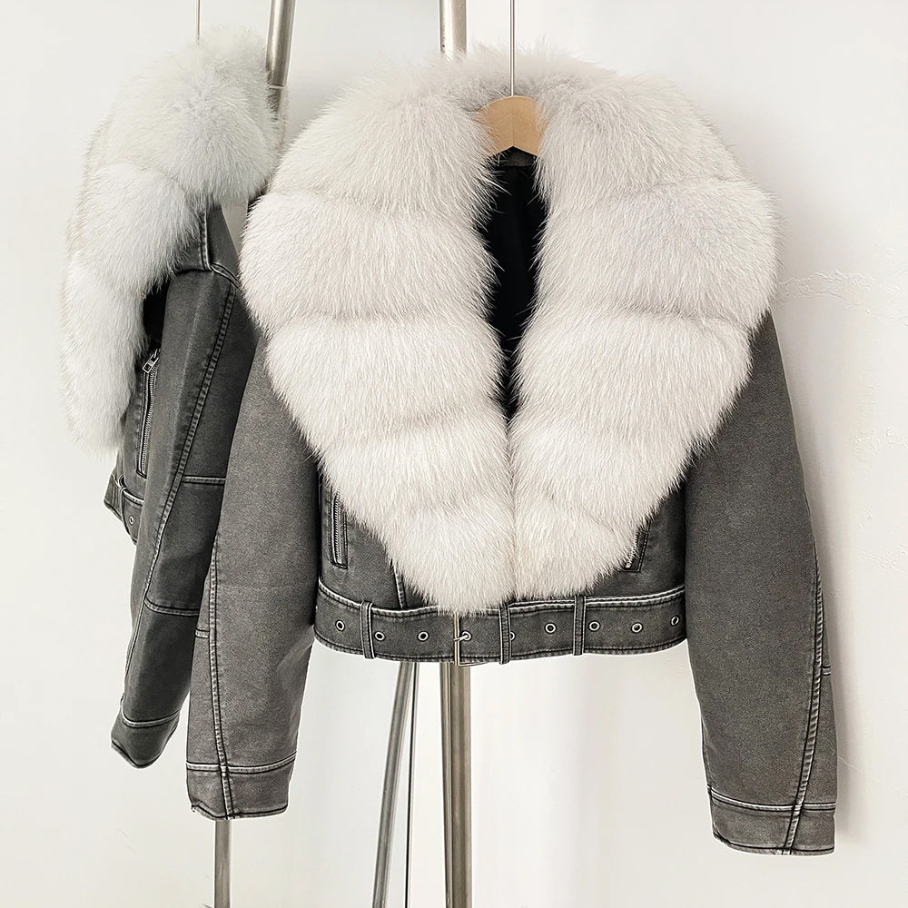 Giorgia Women’s Aviator Jacket – Faux Leather with Real Fur Collar