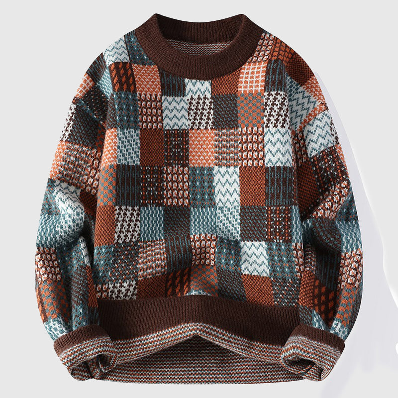 Warden Men's Cotton Sweater – Patchwork Chunky Knit & Colourful Sweater