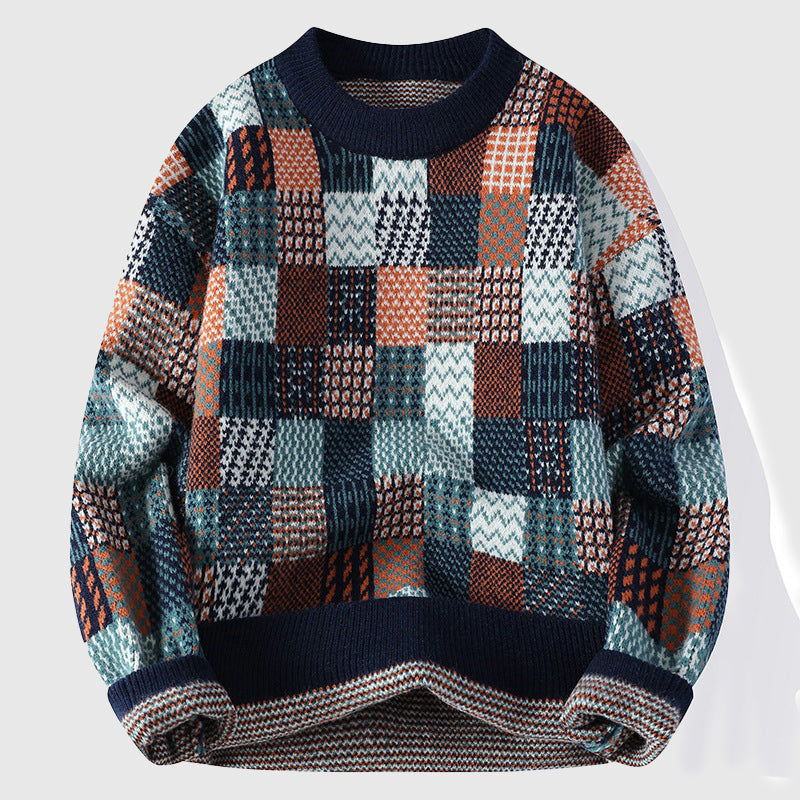 Warden Men's Cotton Sweater – Patchwork Chunky Knit & Colourful Sweater