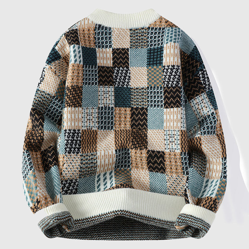 Warden Men's Cotton Sweater – Patchwork Chunky Knit & Colourful Sweater