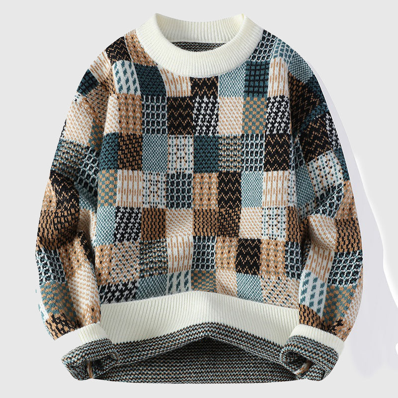Warden Men's Cotton Sweater – Patchwork Chunky Knit & Colourful Sweater