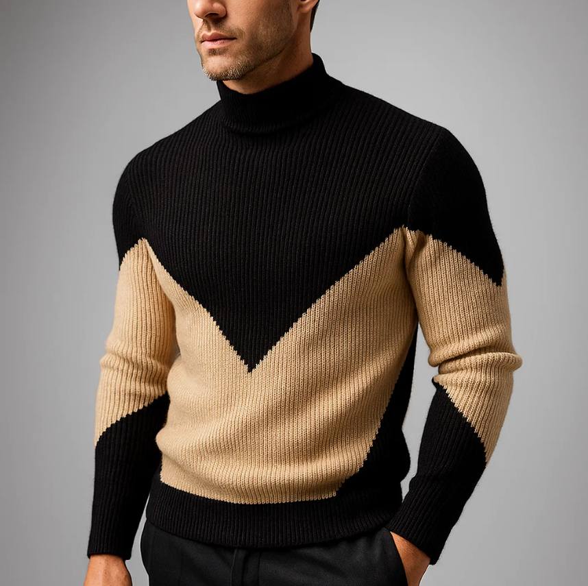 Bruno Men’s Knit Sweater – Ribbed Cotton Chevron Turtleneck Pullover