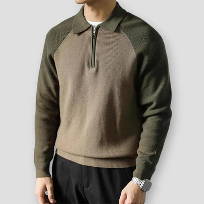 Danny Men’s Quarter Zip Sweater – Knit Polo Pullover with Contrast Panels