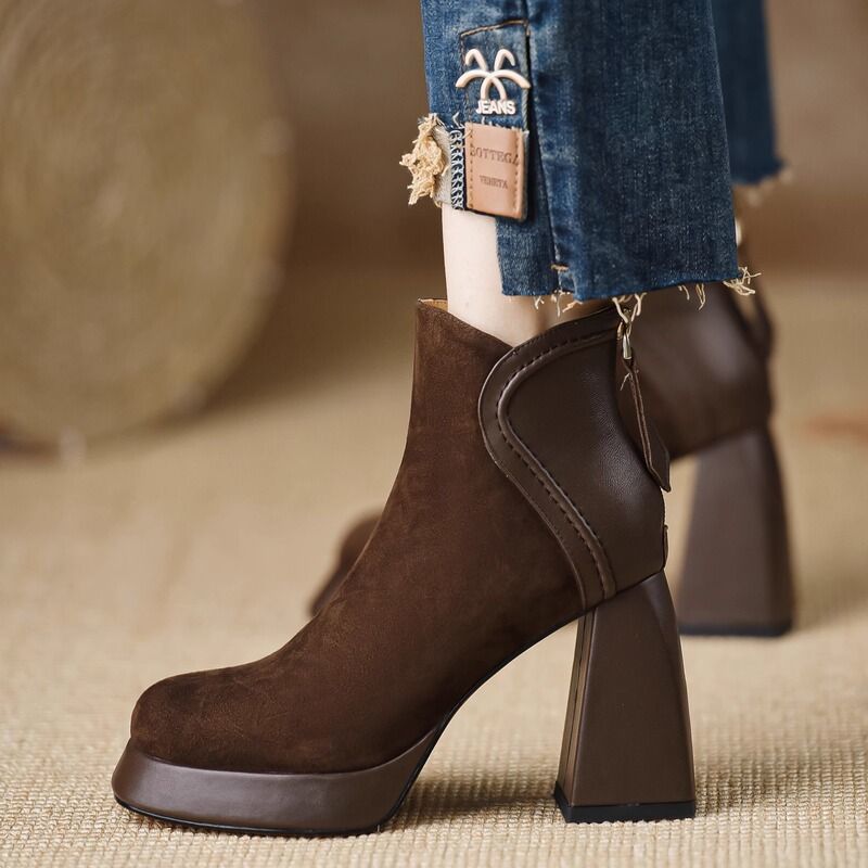 Janelle Women’s Suede Platform Boots – Cushioned Block Heel with Back Zip