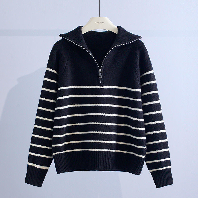 Monira Women’s Quarter-Zip Sweater – Cotton-Blend Striped Knit Pullover