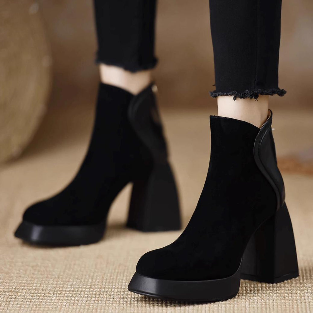 Janelle Women’s Suede Platform Boots – Cushioned Block Heel with Back Zip