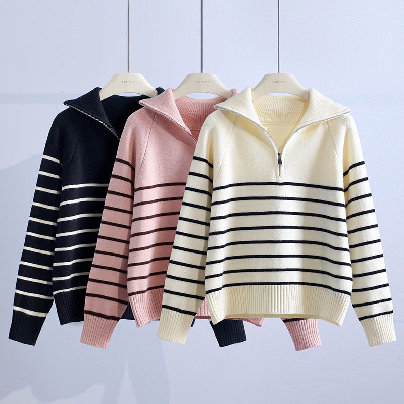 Monira Women’s Quarter-Zip Sweater – Cotton-Blend Striped Knit Pullover