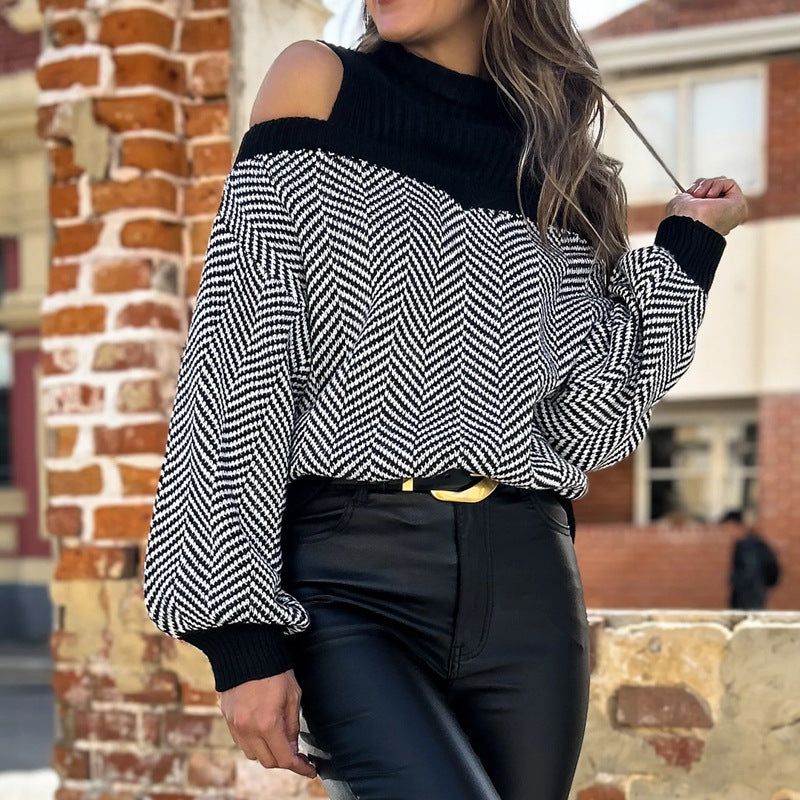 Jadin Women’s Knit Pullover Sweater – Off-Shoulder Herringbone Design