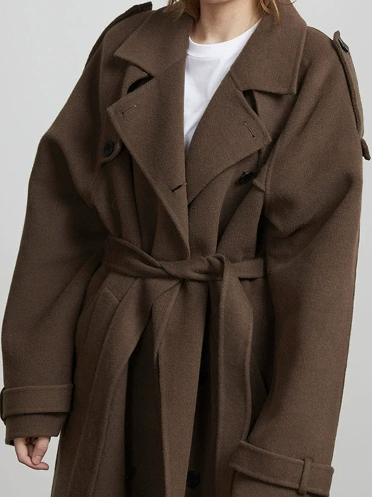 Freeya Trench Coat Women’s Wool Blend – Oversized Double-Breasted Belted Coat