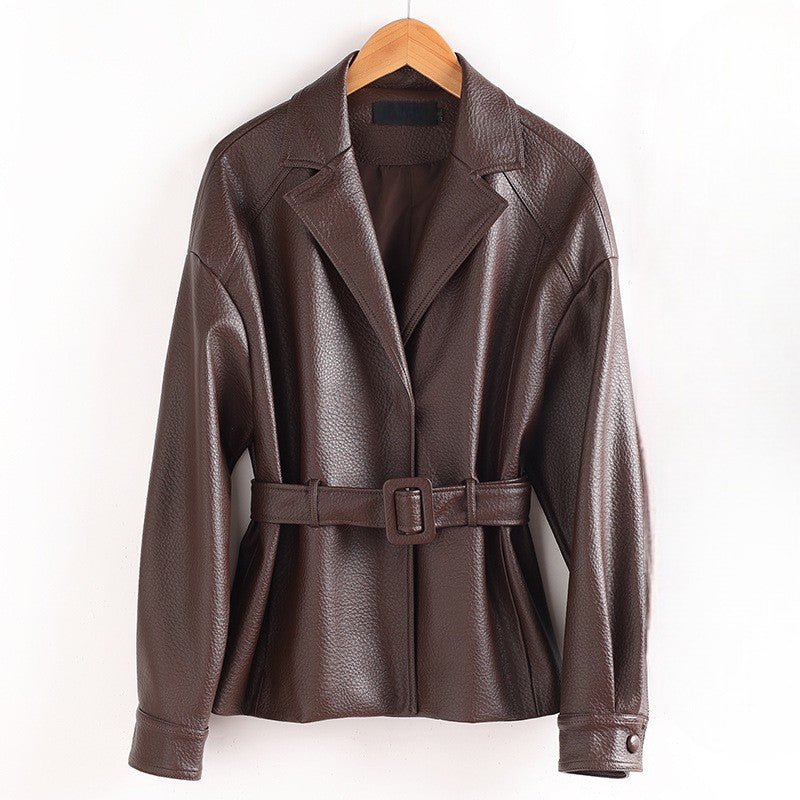 Flora Women’s Leather Jacket – Retro Belted & Structured Fit