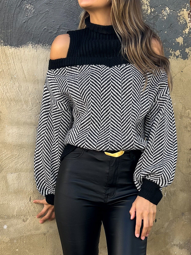 Jadin Women’s Knit Pullover Sweater – Off-Shoulder Herringbone Design