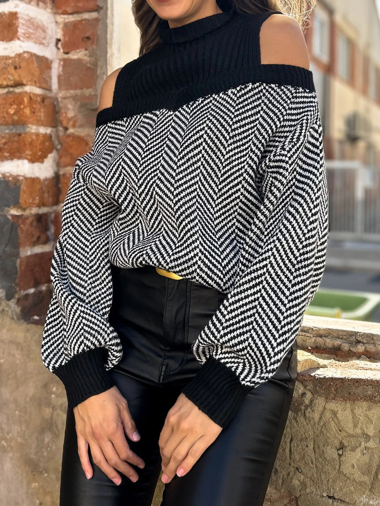Jadin Women’s Knit Pullover Sweater – Off-Shoulder Herringbone Design
