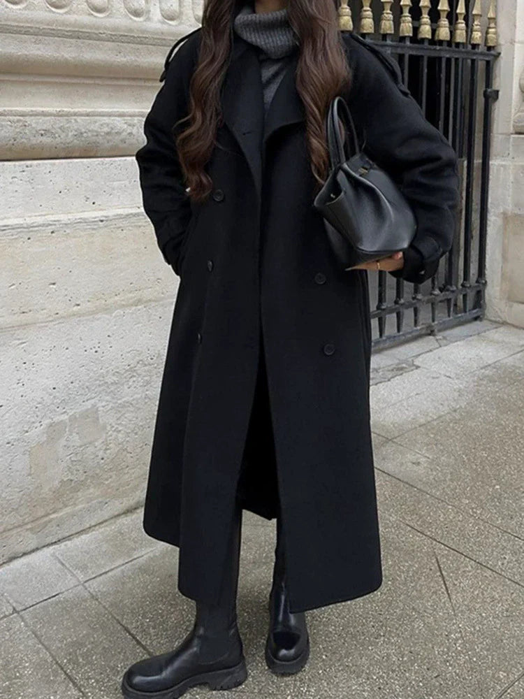 Freeya Trench Coat Women’s Wool Blend – Oversized Double-Breasted Belted Coat