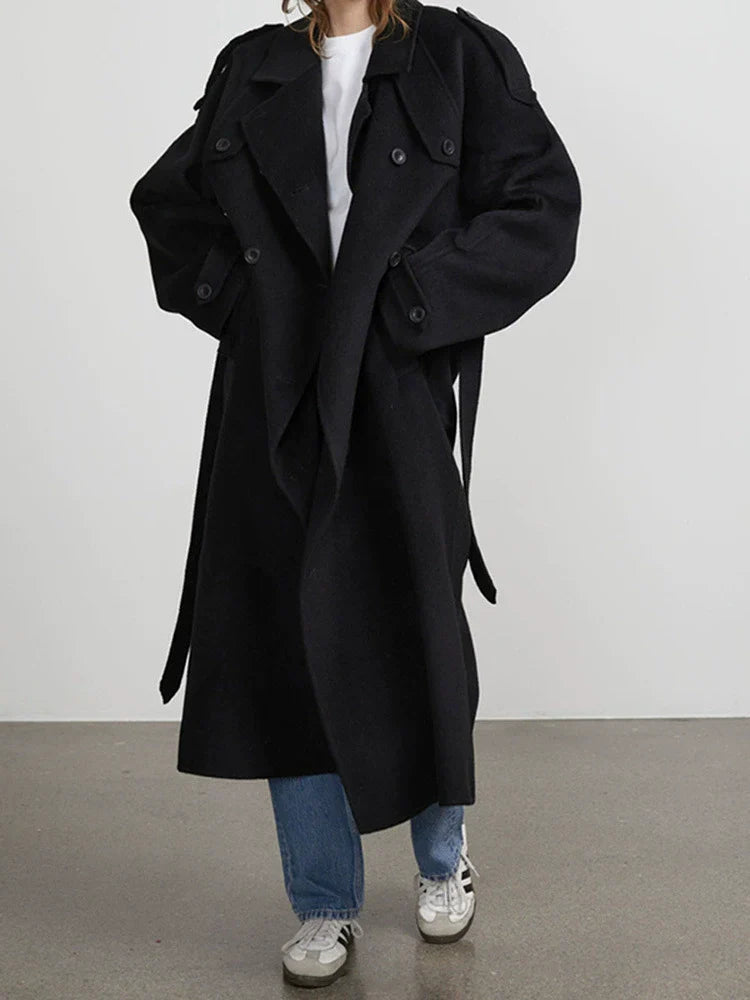 Freeya Trench Coat Women’s Wool Blend – Oversized Double-Breasted Belted Coat