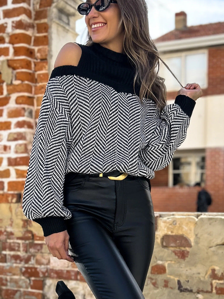 Jadin Women’s Knit Pullover Sweater – Off-Shoulder Herringbone Design