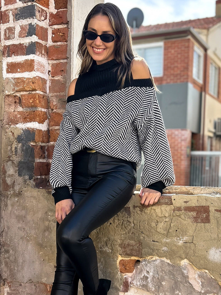 Jadin Women’s Knit Pullover Sweater – Off-Shoulder Herringbone Design