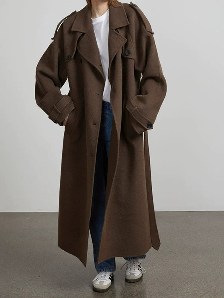 Freeya Trench Coat Women’s Wool Blend – Oversized Double-Breasted Belted Coat
