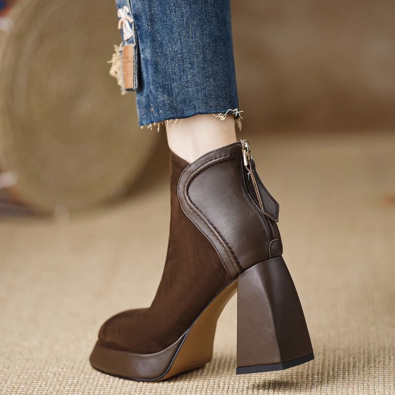 Janelle Women’s Suede Platform Boots – Cushioned Block Heel with Back Zip
