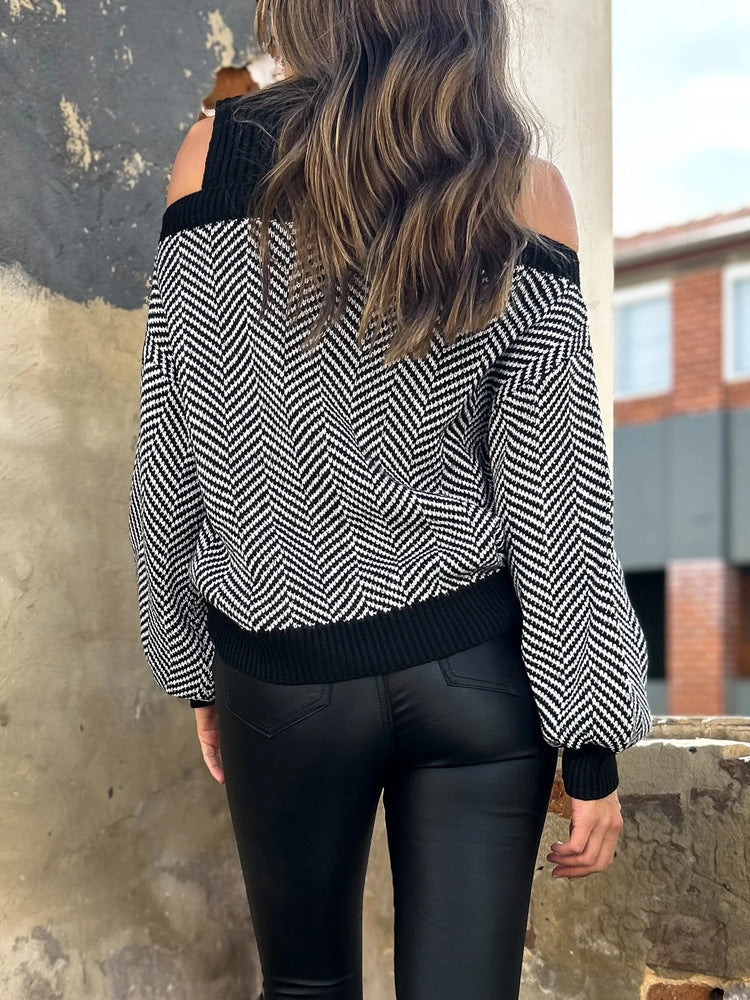 Jadin Women’s Knit Pullover Sweater – Off-Shoulder Herringbone Design