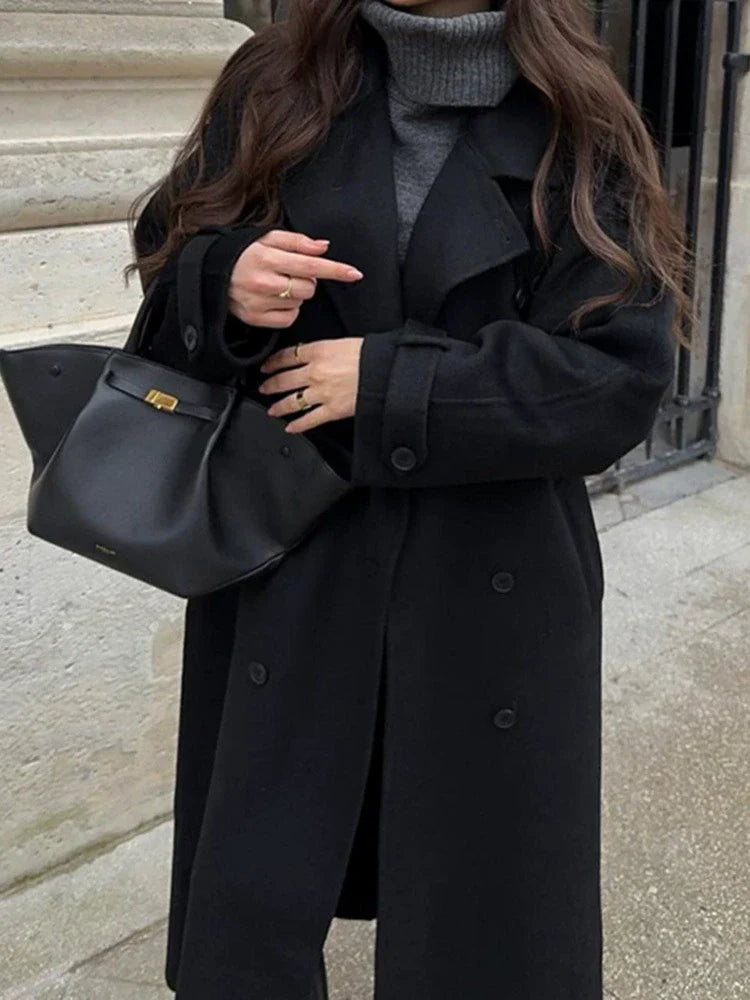 Freeya Trench Coat Women’s Wool Blend – Oversized Double-Breasted Belted Coat