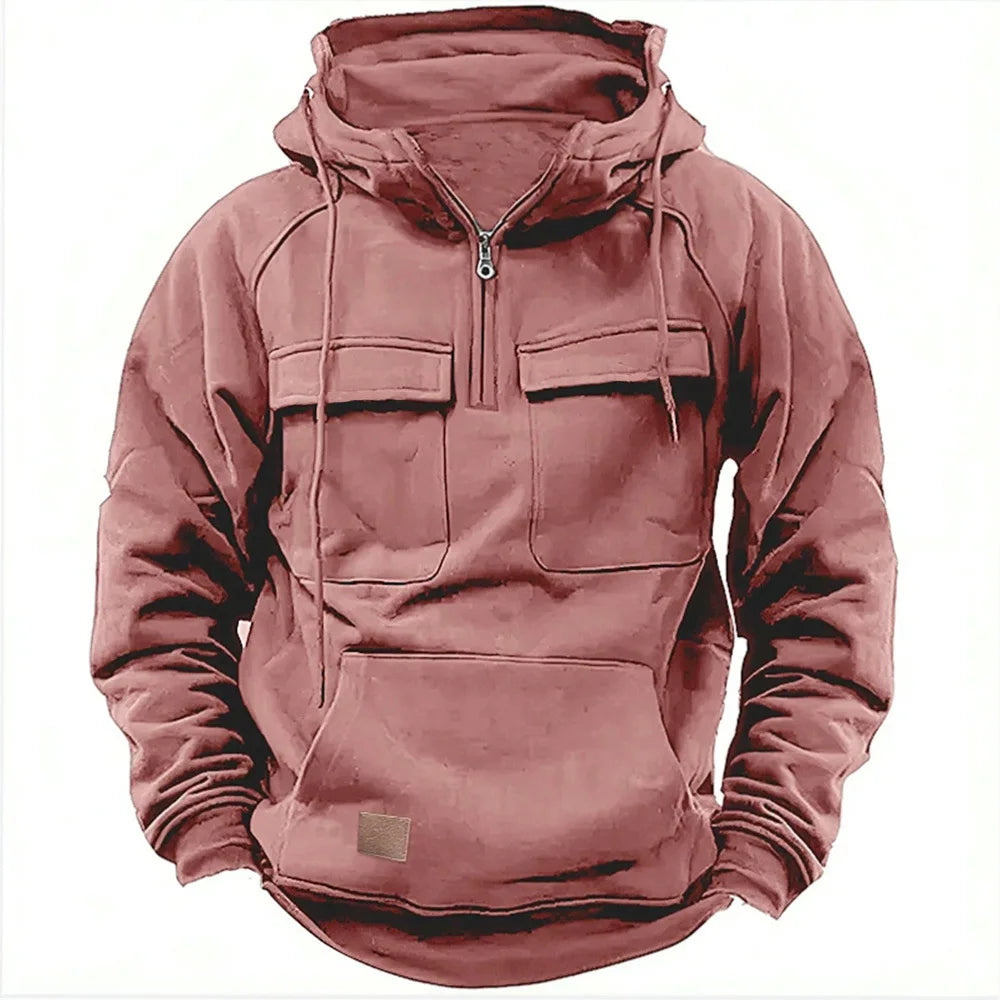 Deluca Men’s Quarter-Zip Hoodie – Sueded Fleece with Cargo Pockets