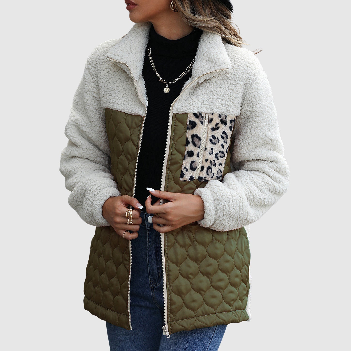 Arsina Women’s Sherpa Jacket – Quilted Patchwork Winter Coat