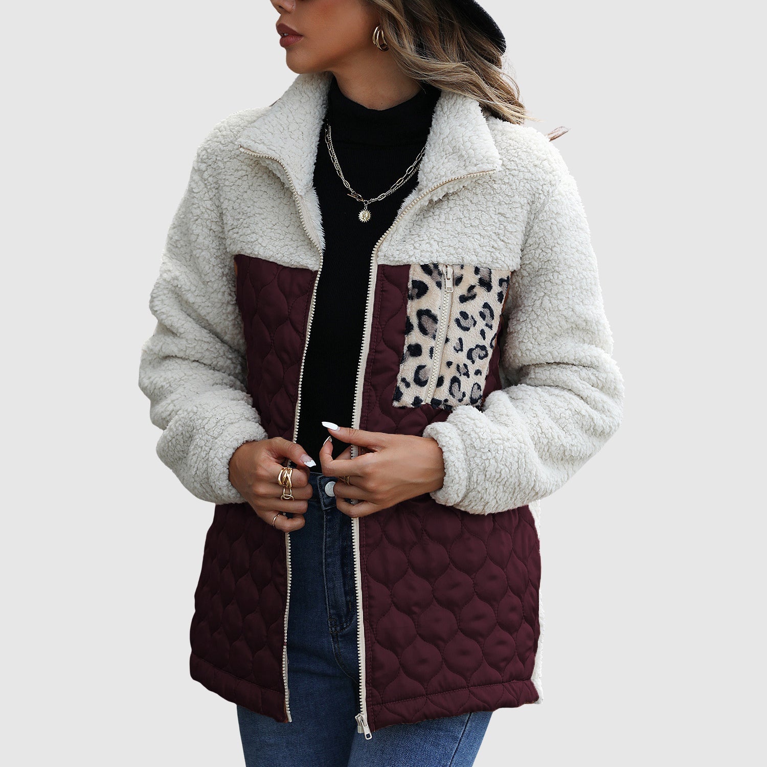 Arsina Women’s Sherpa Jacket – Quilted Patchwork Winter Coat